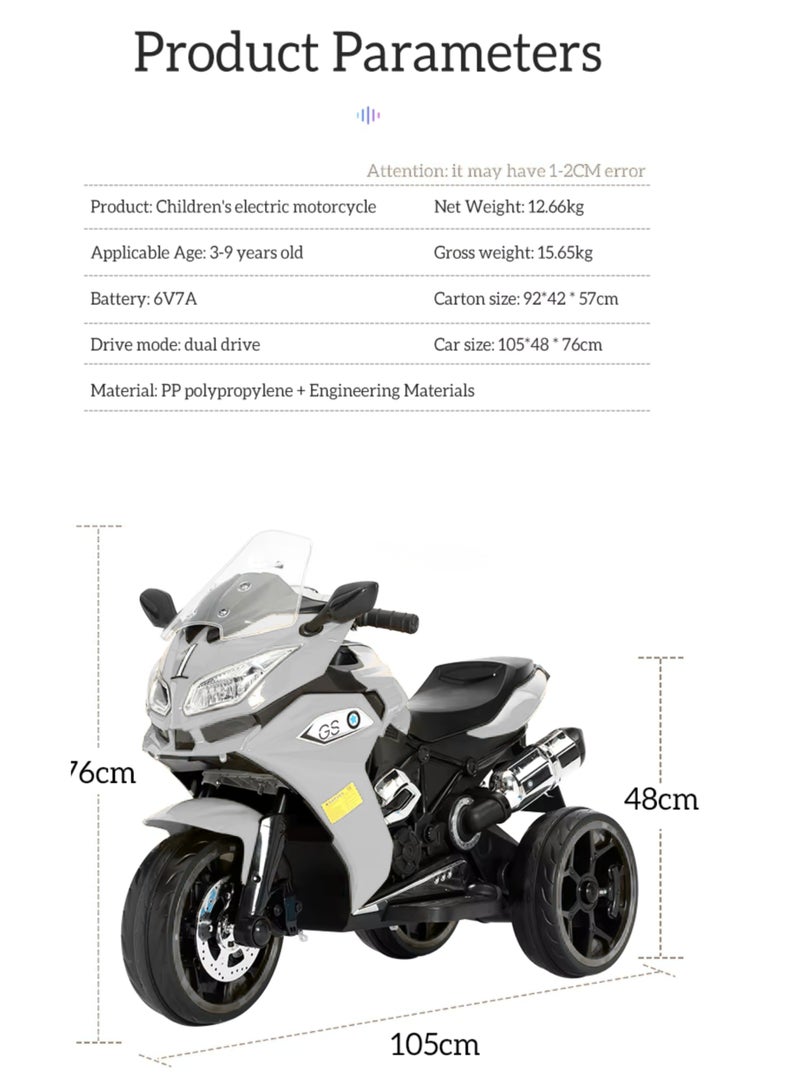 Electric Ride-On Motorcycle for Kids | 3-Wheel Design, LED Lights, Music & High-Capacity Battery | Safe Outdoor Toy Gift | White - Image 5